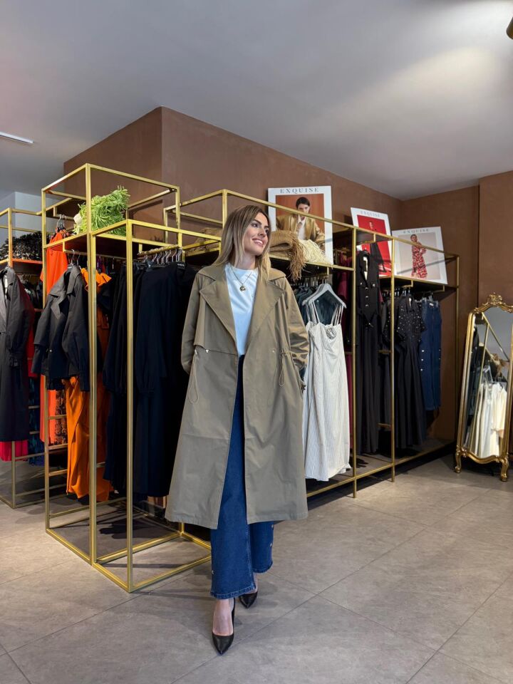 UZUN KOLLU KUŞAK DETAYLI MİDİ REGULAR TRENÇKOT