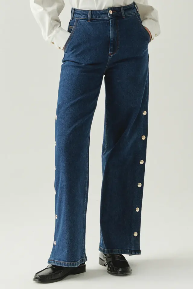 YANLARI ÇIT ÇITLI CEPLİ GENİŞ PAÇA REGULAR DENİM İNDİGO PANTOLON