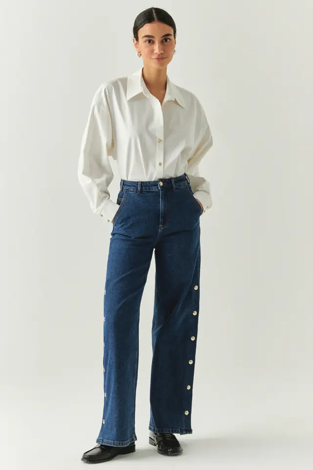 YANLARI ÇIT ÇITLI CEPLİ GENİŞ PAÇA REGULAR DENİM İNDİGO PANTOLON