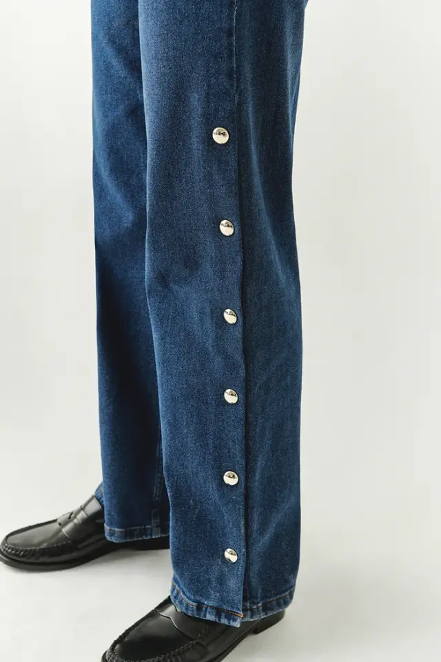 YANLARI ÇIT ÇITLI CEPLİ GENİŞ PAÇA REGULAR DENİM İNDİGO PANTOLON