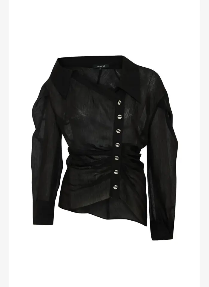 SİYAH ASİMETRİK DÜĞMELİ BLUZ