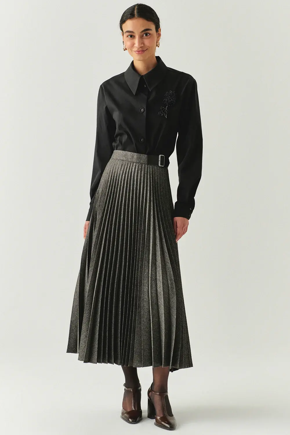 TOKA DETAYLI YÜKSEK BEL REGULAR MİDİ GRİ ETEK