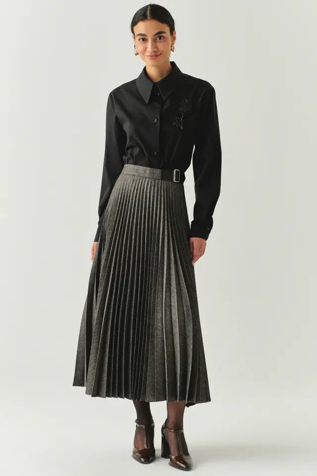 TOKA DETAYLI YÜKSEK BEL REGULAR MİDİ GRİ ETEK