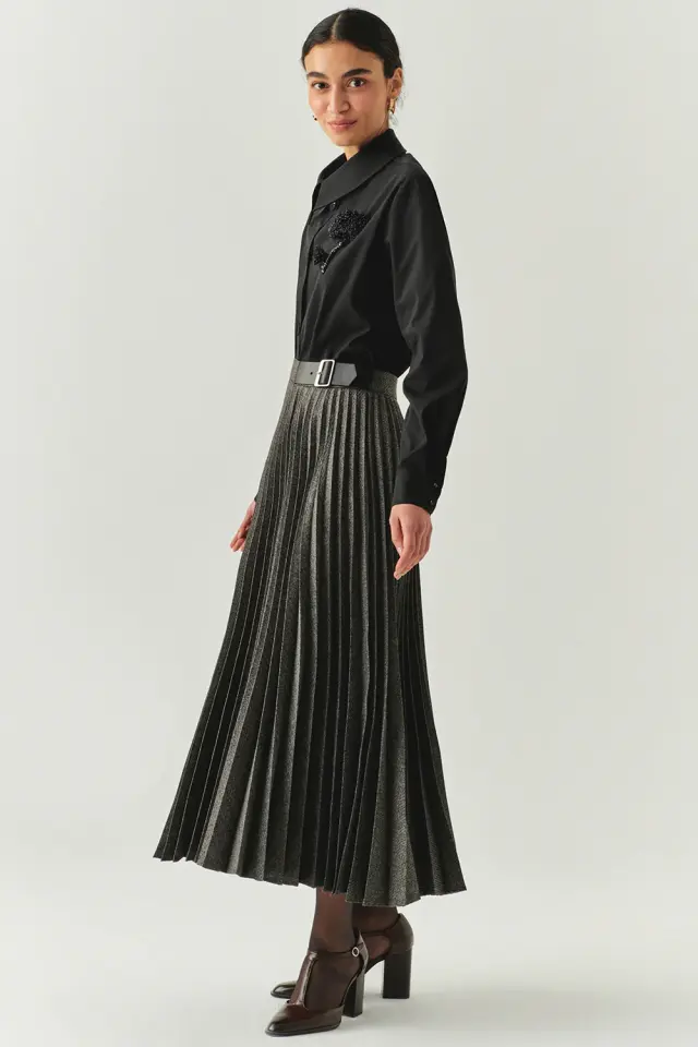 TOKA DETAYLI YÜKSEK BEL REGULAR MİDİ GRİ ETEK