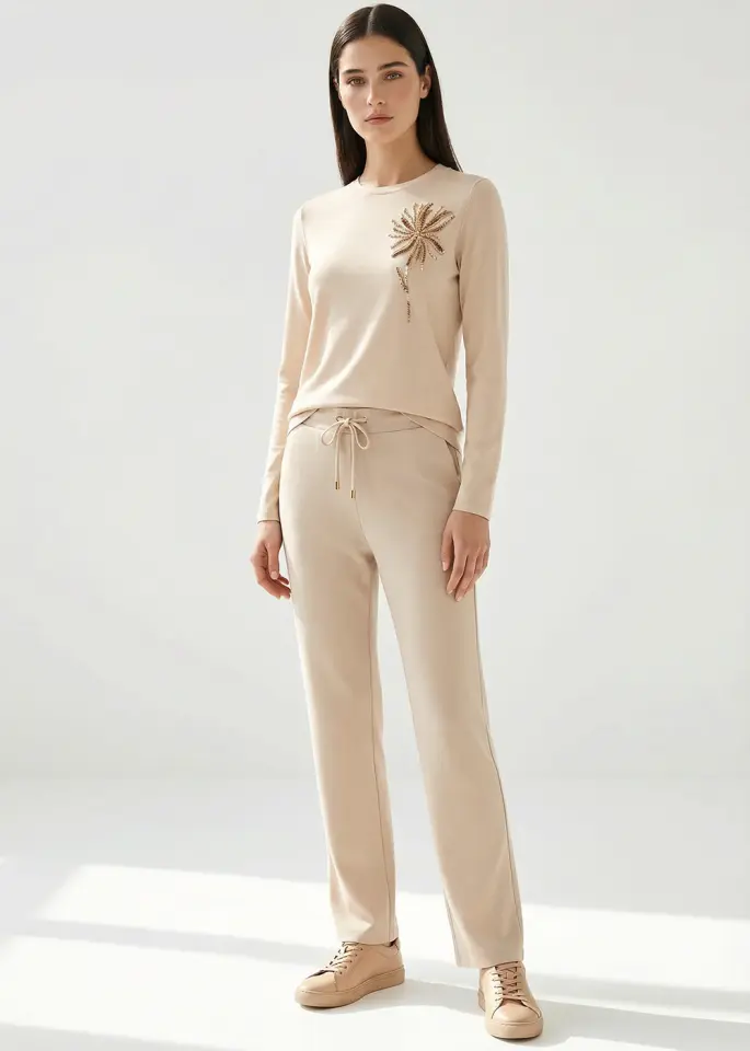 BAĞCIKLI REGULAR ÖRME KREM PANTOLON