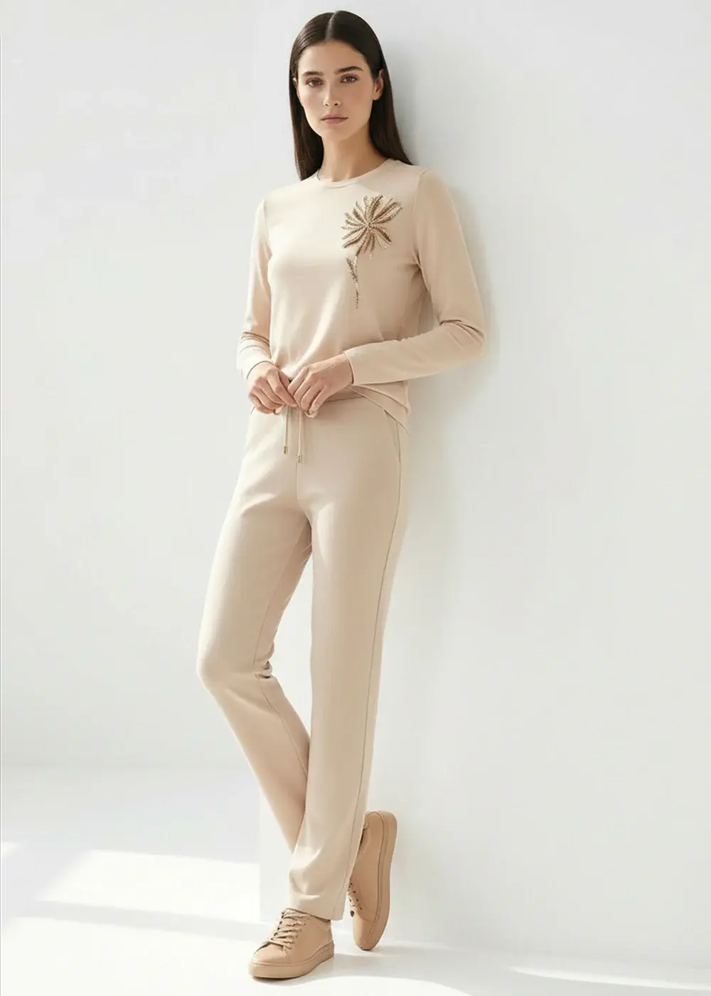 BAĞCIKLI REGULAR ÖRME KREM PANTOLON