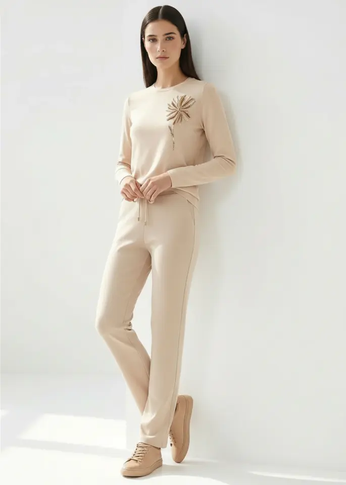 BAĞCIKLI REGULAR ÖRME KREM PANTOLON