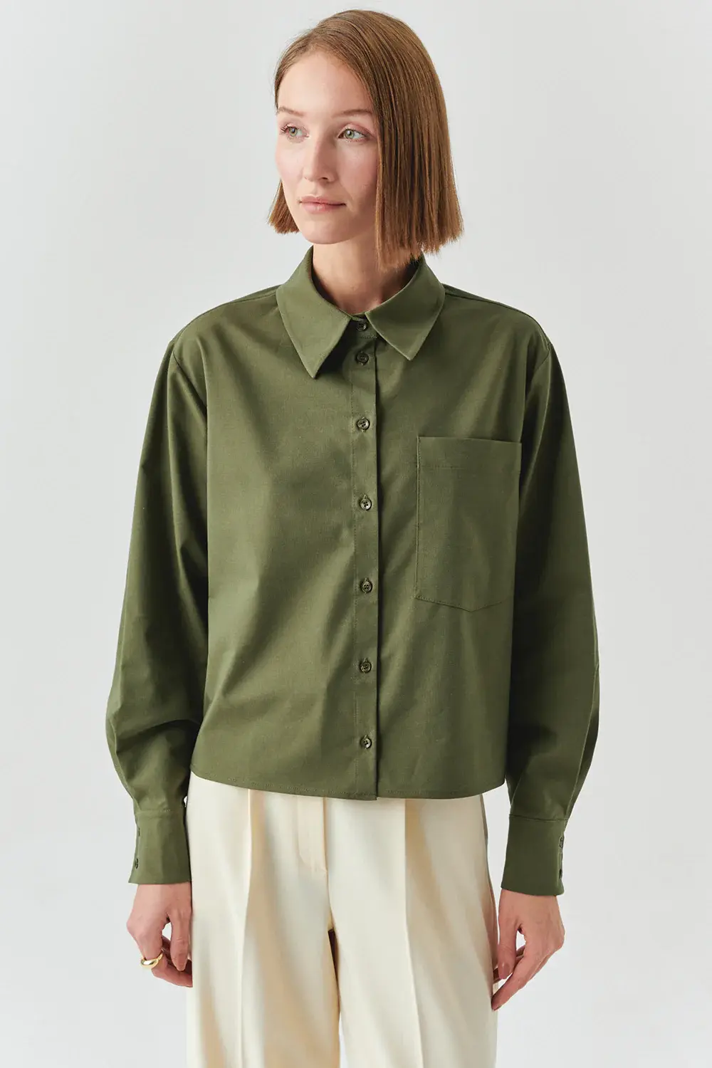 UZUN KOLLU CEPLİ ÇIT ÇIT DETAYLI REGULAR HAKİ GÖMLEK