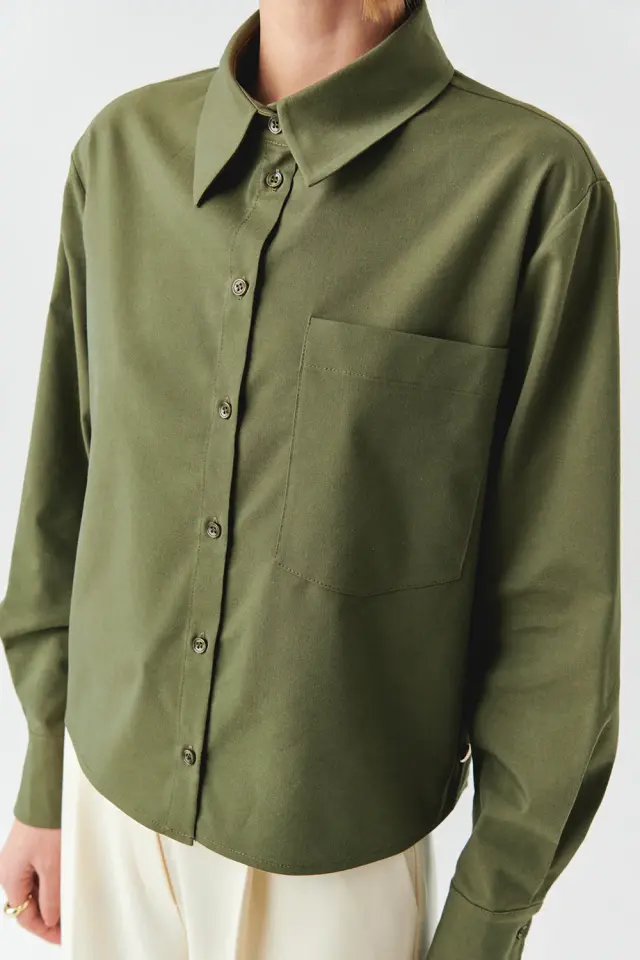 UZUN KOLLU CEPLİ ÇIT ÇIT DETAYLI REGULAR HAKİ GÖMLEK