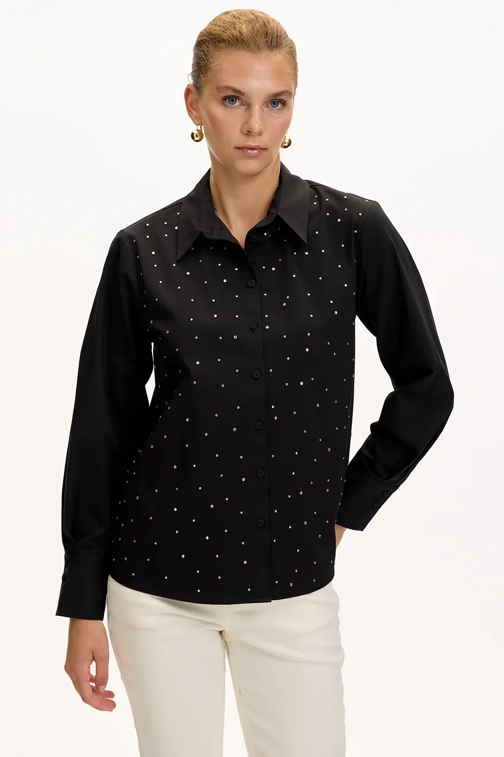 UZUN KOLLU TAŞ DETAYLI REGULAR GÖMLEK