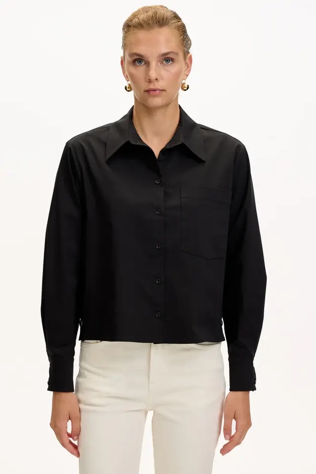 UZUN KOLLU CEPLİ ÇIT ÇIT DETAYLI REGULAR SİYAH GÖMLEK