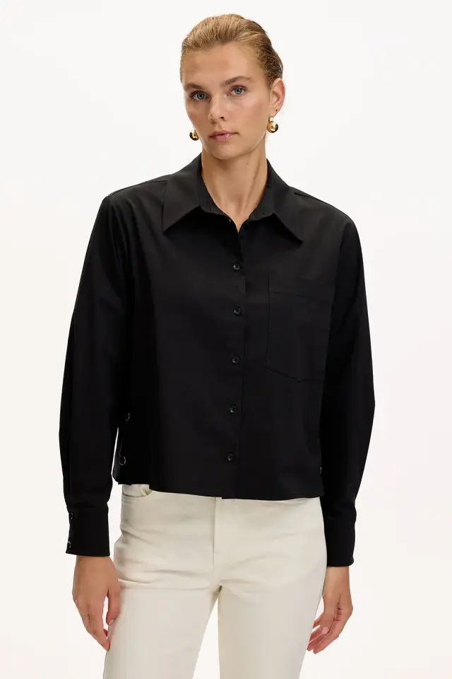 UZUN KOLLU CEPLİ ÇIT ÇIT DETAYLI REGULAR SİYAH GÖMLEK