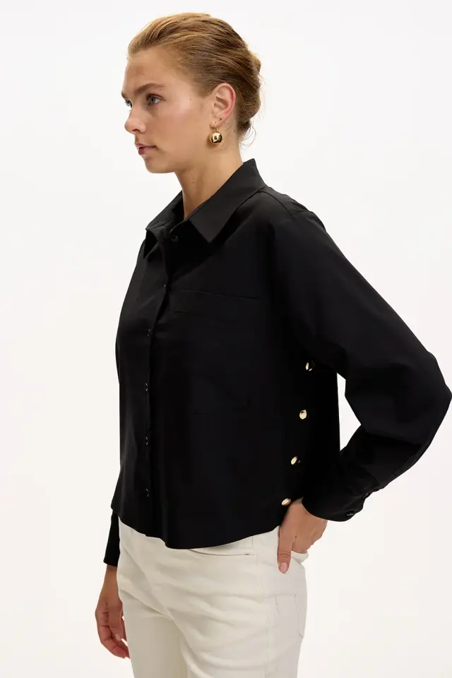 UZUN KOLLU CEPLİ ÇIT ÇIT DETAYLI REGULAR SİYAH GÖMLEK