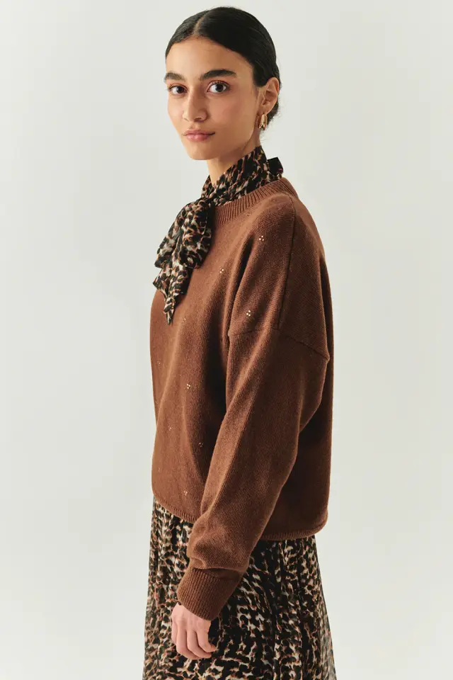 BİSİKLET YAKA UZUN KOLLU OVERSİZE TAŞ BASKILI TRİKO KAHVE BLUZ