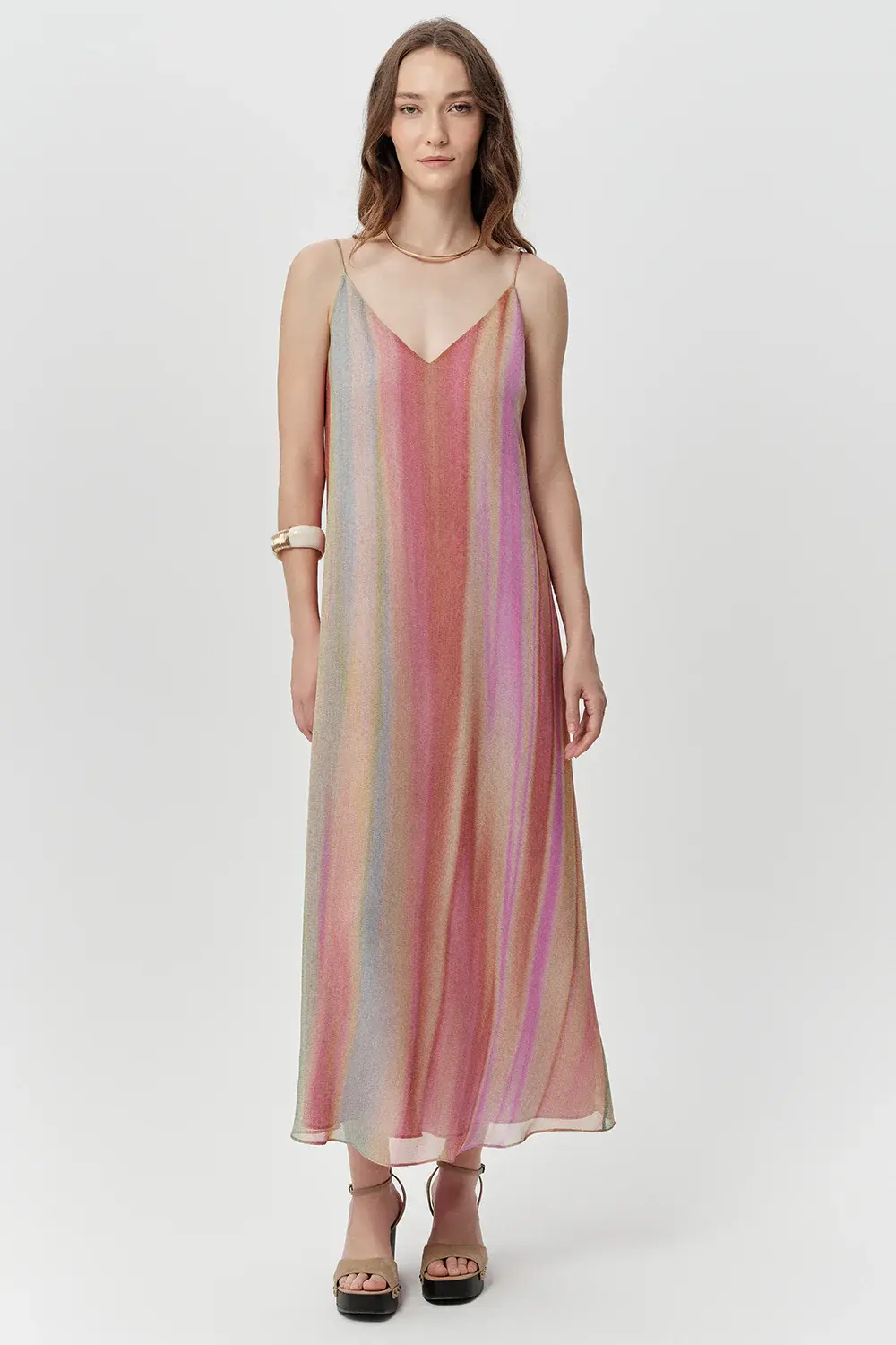 V YAKA ASKILI ASTARLI REGULAR MİDİ ÇOK RENKLİ ELBİSE