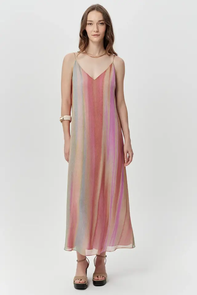 V YAKA ASKILI ASTARLI REGULAR MİDİ ÇOK RENKLİ ELBİSE