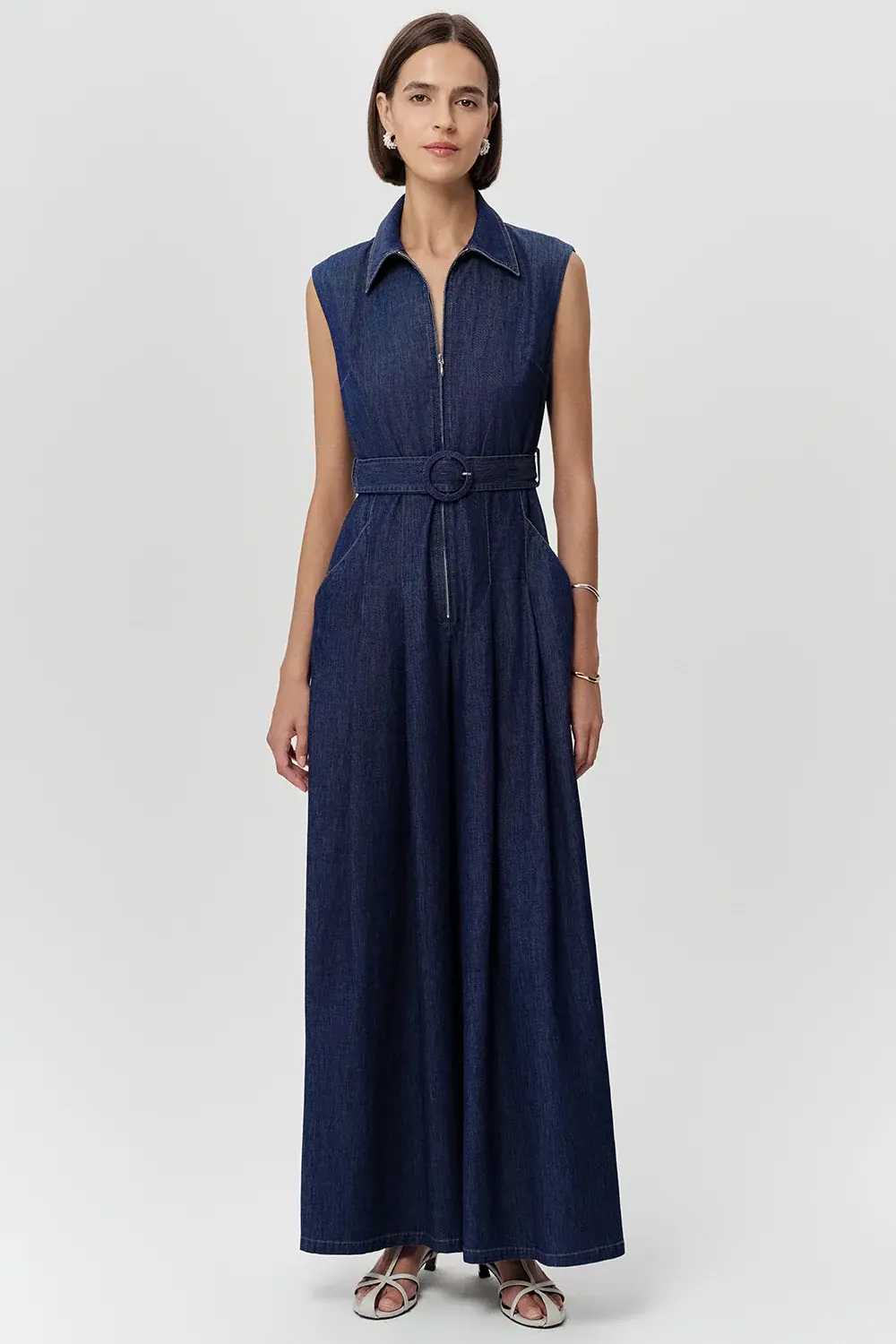 KOLSUZ YAKASI FERMUARLI KEMERLİ CEPLİ REGULAR MAVİ TULUM