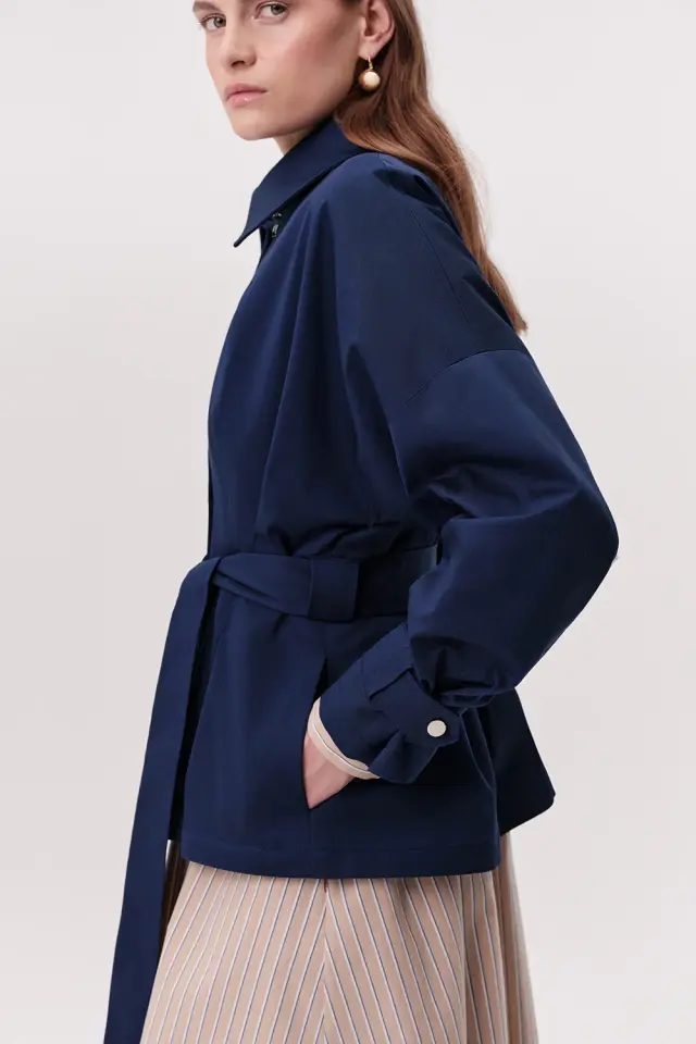 PİLELİ CEKET YAKALI KUŞAKLI CEPLİ REGULAR LACİVERT TRENÇKOT