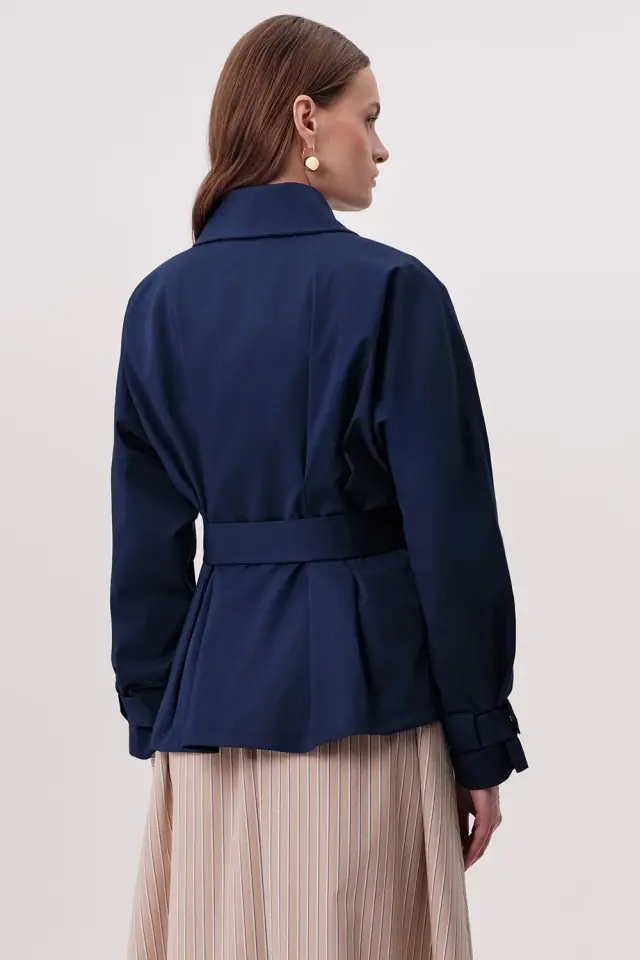 PİLELİ CEKET YAKALI KUŞAKLI CEPLİ REGULAR LACİVERT TRENÇKOT